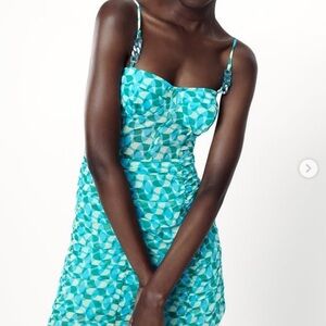 Zara Turquoise and White Geometric Dress